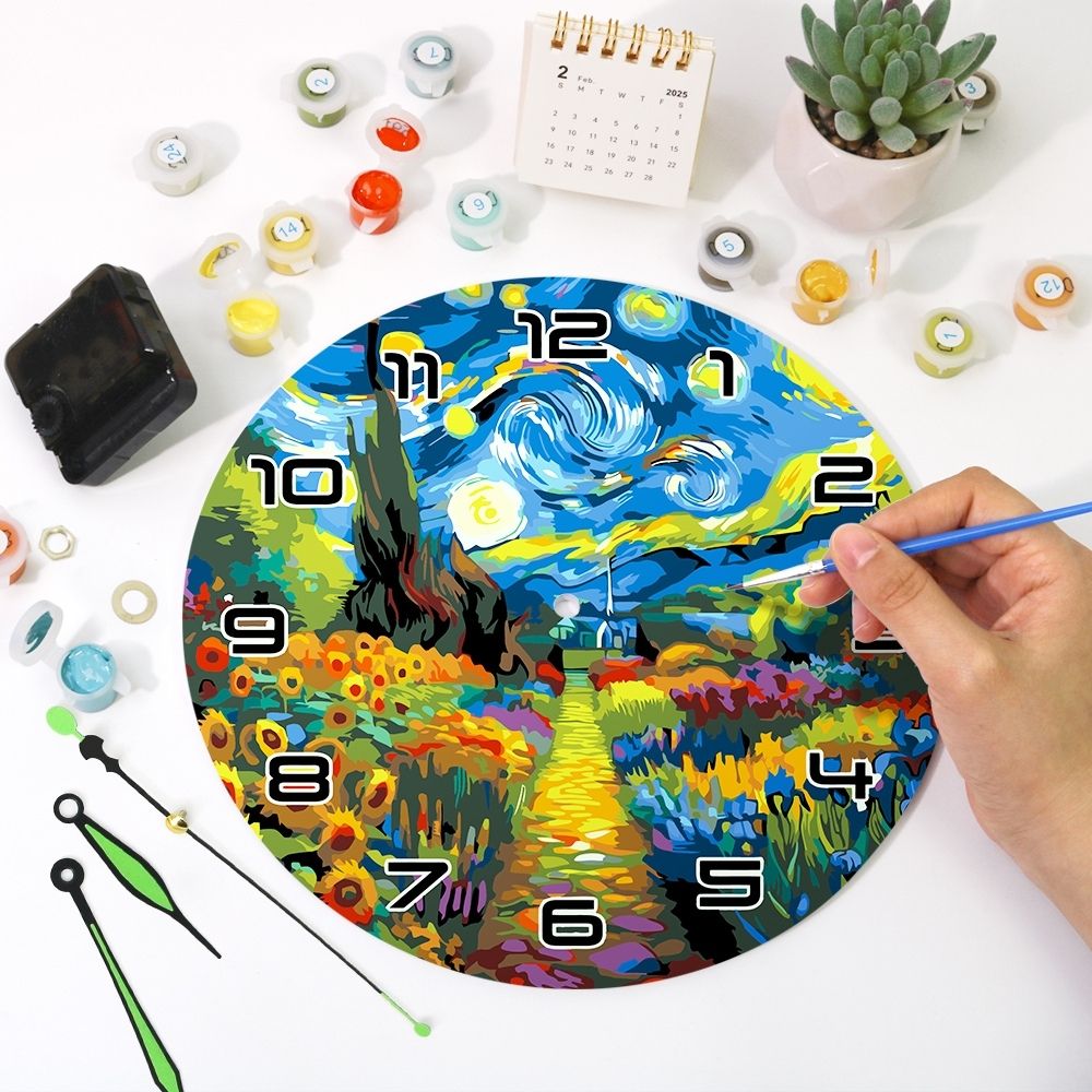 Paint by Numbers Clock - Starry Night & Sunflowers