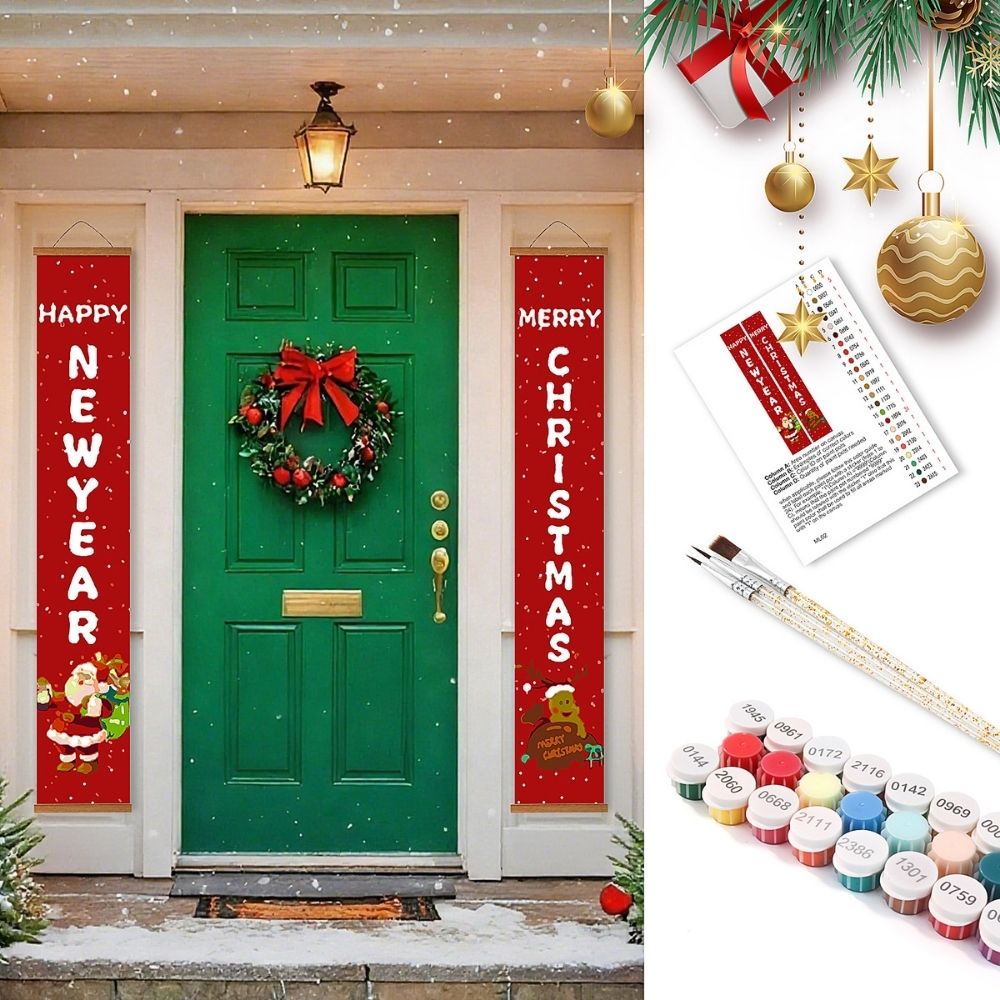 Paint by Numbers Front Door Hanging Banners - Santa & Reindeer Figured'Art