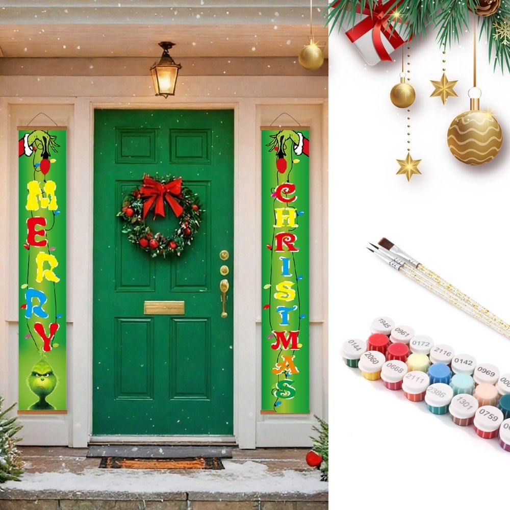 Paint by Numbers Front Door Hanging Banners - Green Christmas Figured'Art