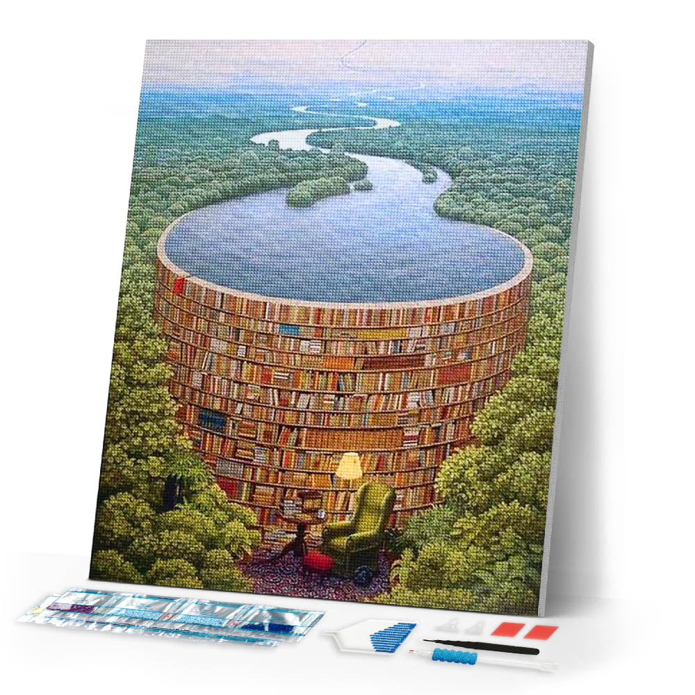 Diamond Painting | Diamond Painting - River and Library | Diamond Painting Landscapes landscapes | FiguredArt