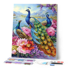 Load image into Gallery viewer, Diamond Painting - Peacocks and flowers at the lake