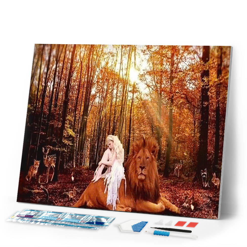 Diamond Painting | Diamond Painting - Lady and the Lion | animals Diamond Painting Animals lions | FiguredArt