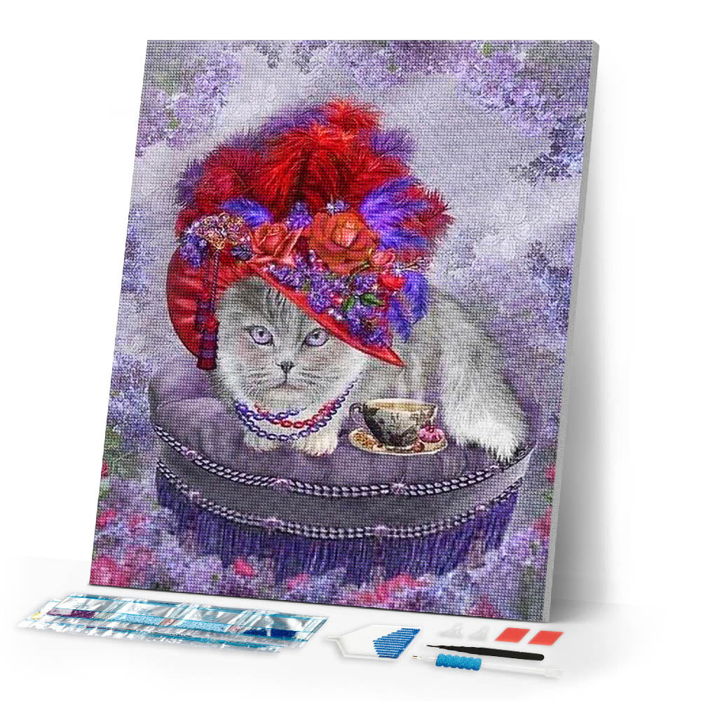 Diamond Painting | Diamond Painting - Cat with Hat and Necklace | animals cats Diamond Painting Animals | FiguredArt