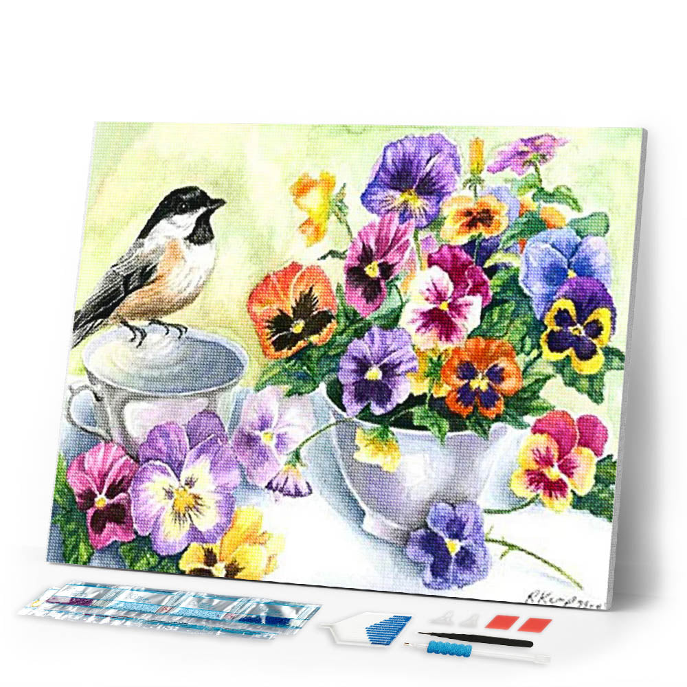Diamond Painting - Flowers and little bird