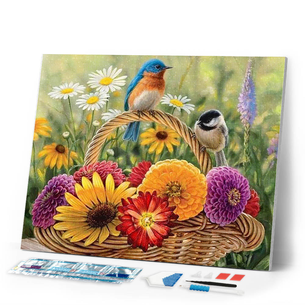 Diamond Painting | Diamond Painting - Basket of Flowers and Birds | animals birds Diamond Painting Animals | FiguredArt