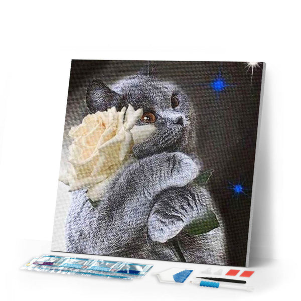 Diamond Painting | Diamond Painting - Cat and White Rose | animals cats Diamond Painting Animals Diamond Painting Landscapes landscapes |