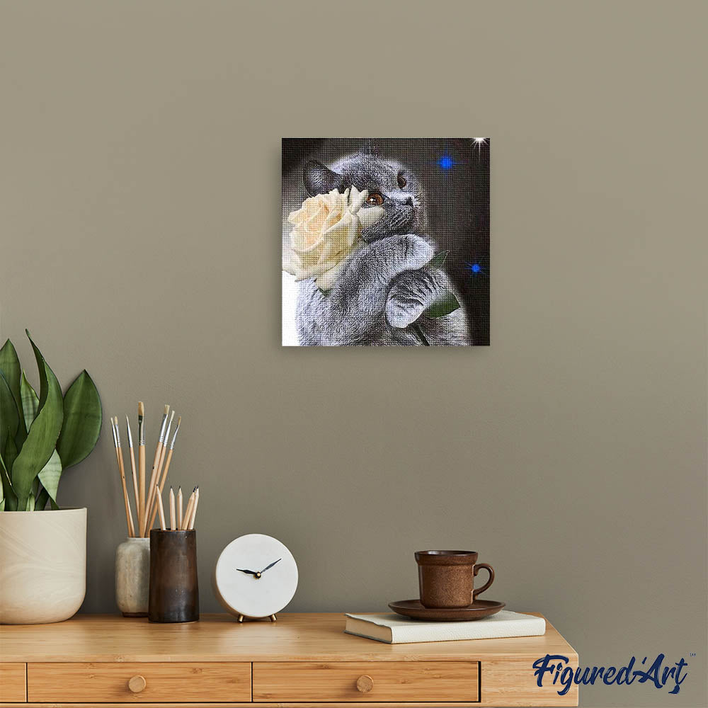 Diamond Painting - Cat and White Rose