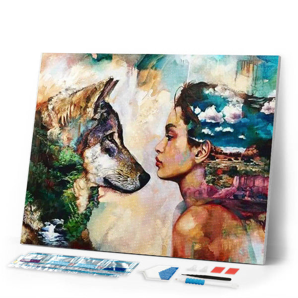 Diamond Painting | Diamond Painting - Young Woman and Wolf | animals Diamond Painting Animals Diamond Painting Romance rabbits romance |