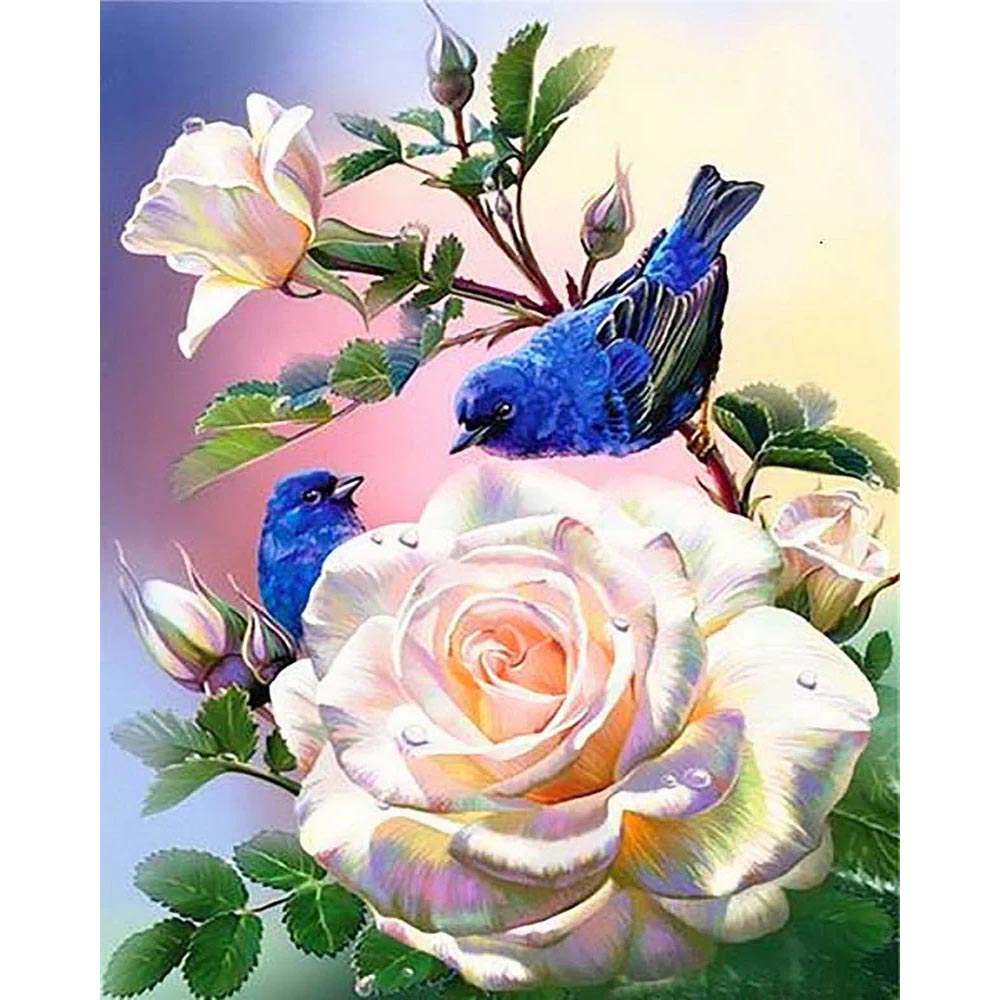Diamond Painting - White flowers and blue birds