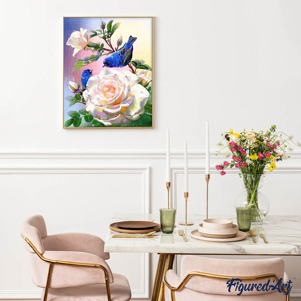 Diamond Painting - White flowers and blue birds