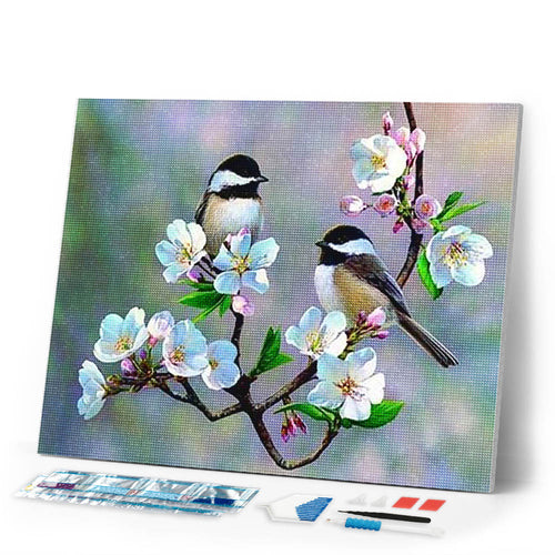 Diamond Painting | Diamond Painting - Small Birds and White Flowers | animals birds Diamond Painting Animals Diamond Painting Flowers