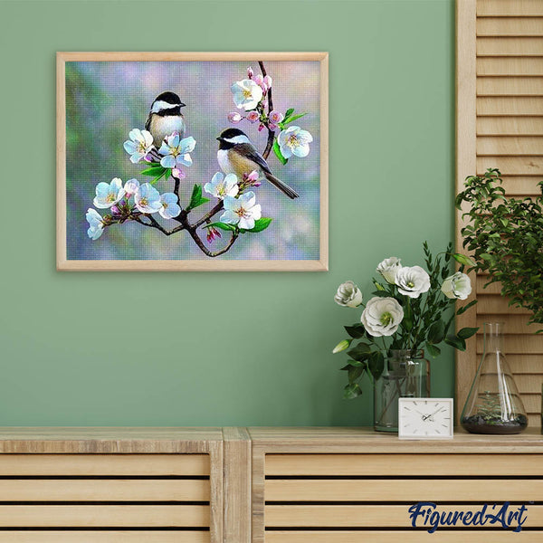 Diamond Painting - Small Birds and White Flowers