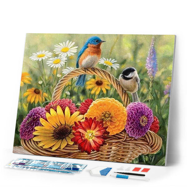 Diamond Painting | Diamond Painting - Flowers and Birds on the basket | animals Diamond Painting Animals | FiguredArt