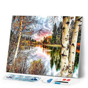 Diamond Painting | Diamond Painting - Birch trees and Lake | Diamond Painting Landscapes landscapes | FiguredArt