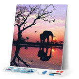 Diamond Painting | Diamond Painting - Elephant and Sunset Sun | animals Diamond Painting Animals elephants | FiguredArt