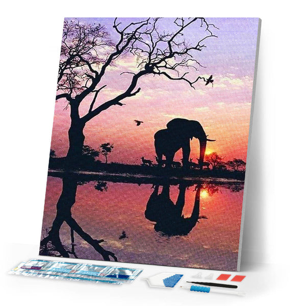 Diamond Painting | Diamond Painting - Elephant and Sunset Sun | animals Diamond Painting Animals elephants | FiguredArt