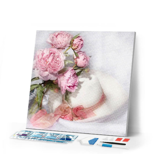 Diamond Painting | Diamond Painting - White Hat and Flowers | Diamond Painting Flowers flowers | FiguredArt