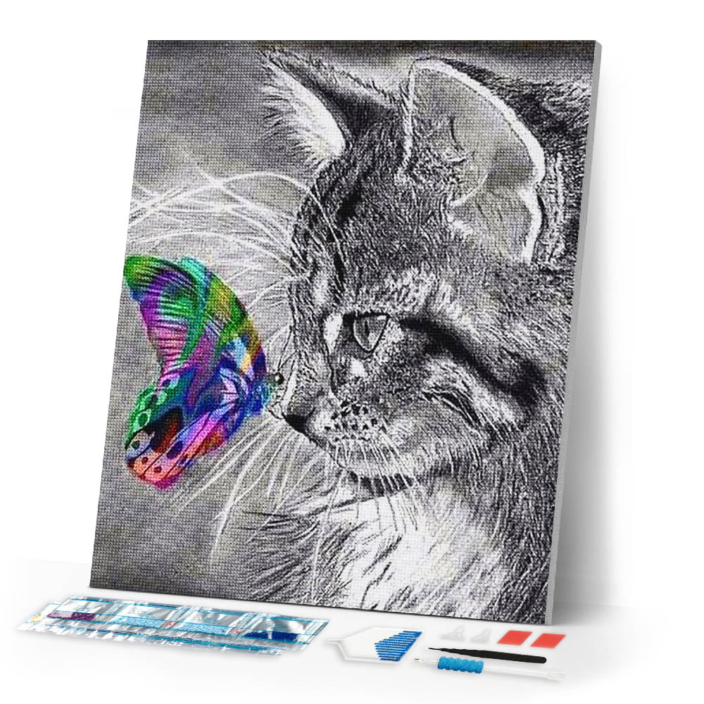 Diamond Painting | Diamond Painting - Cat and Butterfly colorful | animals butterflies cats Diamond Painting Animals | FiguredArt
