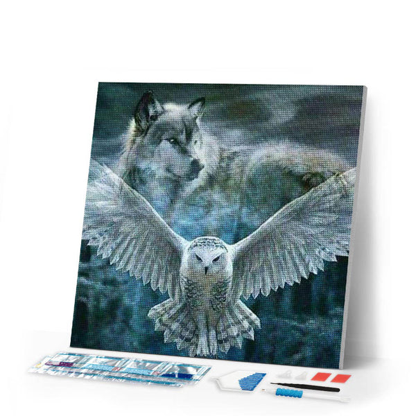 Diamond Painting | Diamond Painting - Gray Wolf and Owl | animals Diamond Painting Animals owls | FiguredArt