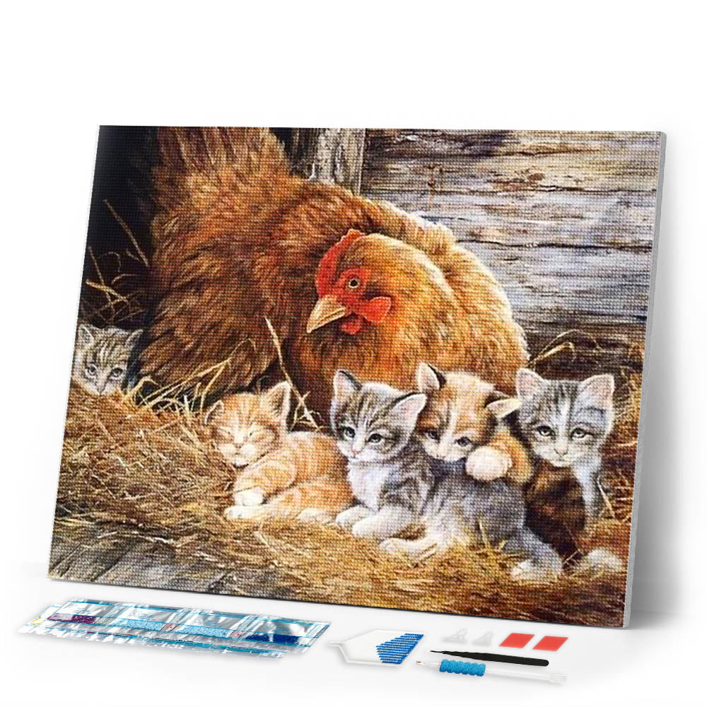 Diamond Painting | Diamond Painting - Kittens and Hen | animals cats Diamond Painting Animals | FiguredArt