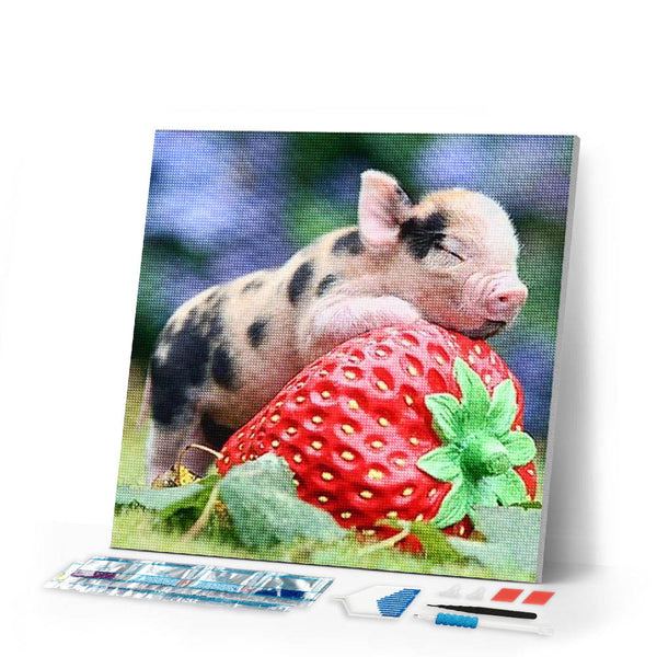 Diamond Painting | Diamond Painting - Baby Pig and Strawberry | animals Diamond Painting Animals | FiguredArt