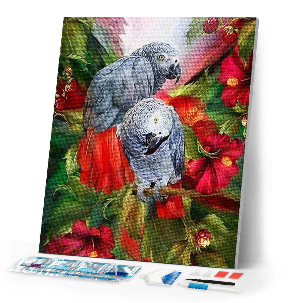 Diamond Painting | Diamond Painting - Red and Gray Parrots | animals birds Diamond Painting Animals parrots | FiguredArt