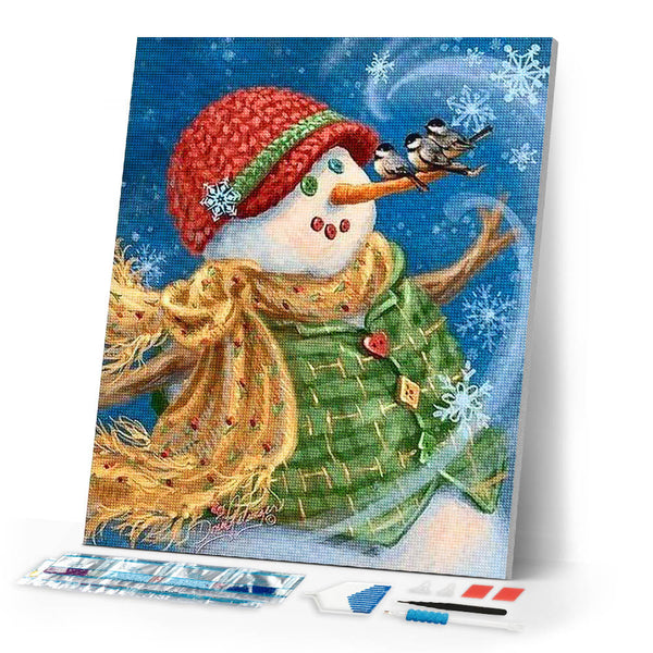Diamond Painting | Diamond Painting - Snowman with green jacket | Diamond Painting Landscapes landscapes winter | FiguredArt