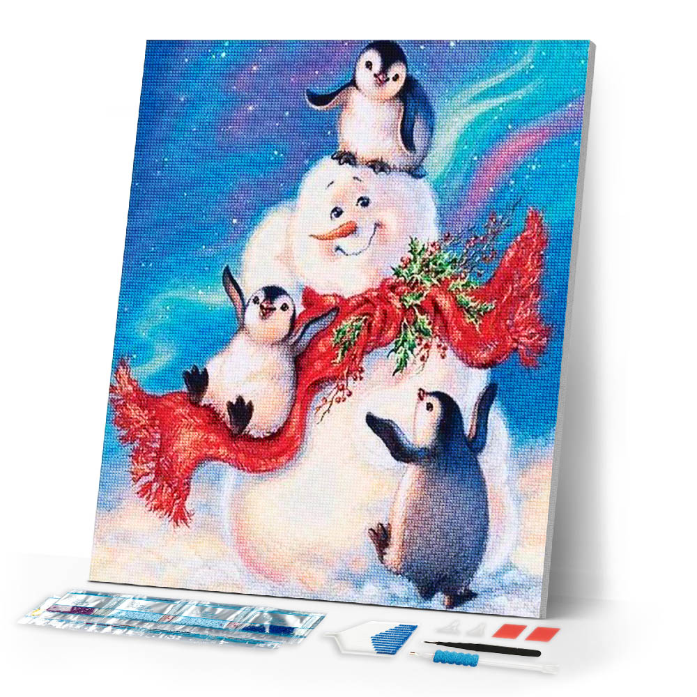 Diamond Painting | Diamond Painting - Snowman and Penguins | animals Diamond Painting Animals winter | FiguredArt