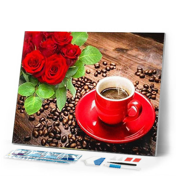 Diamond Painting | Diamond Painting - Coffee and Roses bouquet | Diamond Painting Flowers Diamond Painting kitchen flowers kitchen |