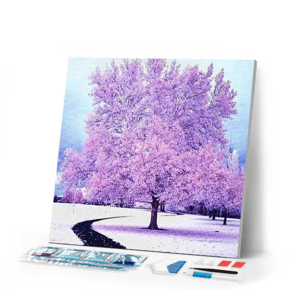Diamond Painting | Diamond Painting - Pink Tree in the Snow | Diamond Painting Landscapes landscapes trees winter | FiguredArt