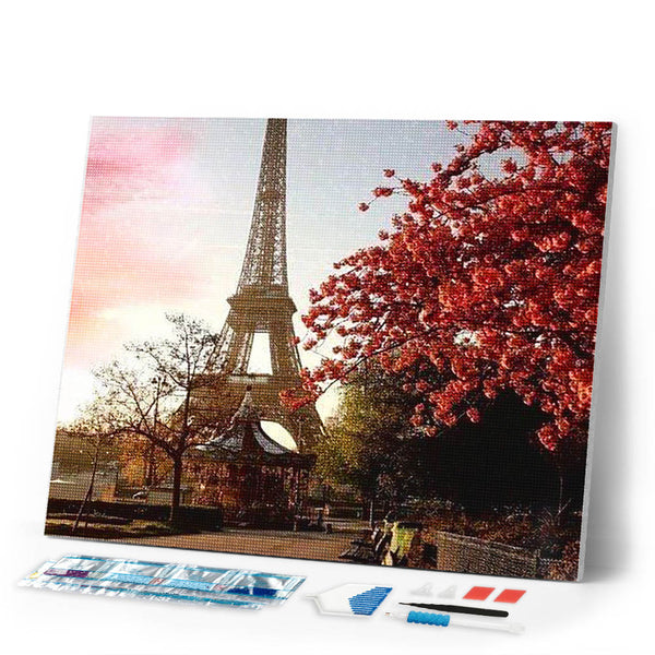 Diamond Painting | Diamond Painting - Eiffel Tower and Red Flowers | cities Diamond Painting Cities trees | FiguredArt