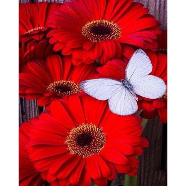 Diamond Painting - Red Daisies and White Butterfly