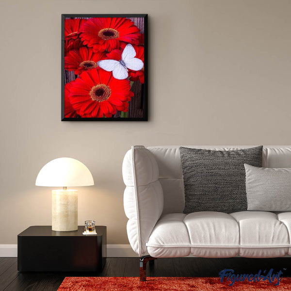 Diamond Painting - Red Daisies and White Butterfly