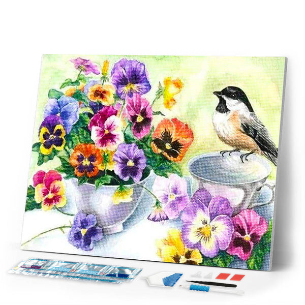 Diamond Painting | Diamond Painting - Little Bird and Cup of Flowers | animals birds Diamond Painting Animals Diamond Painting Flowers