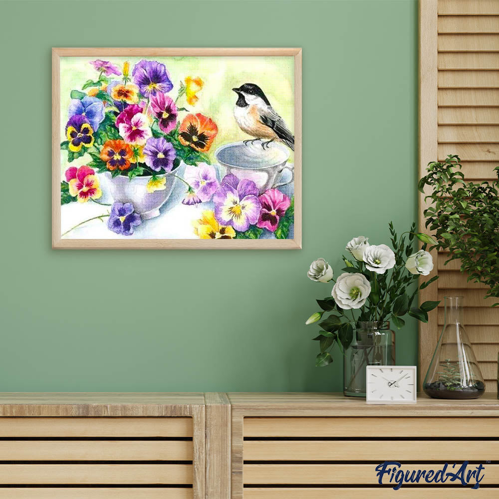 Diamond Painting - Little Bird and Cup of Flowers