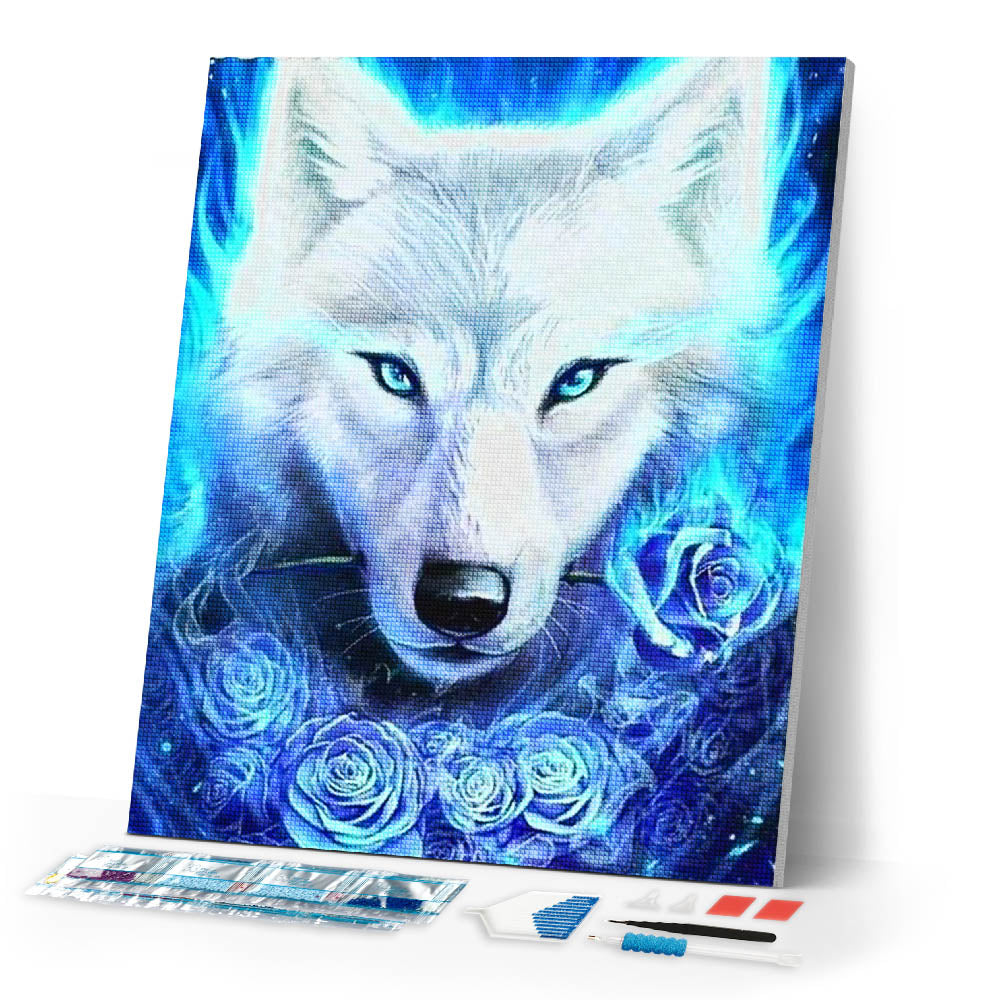 Diamond Painting | Diamond Painting - Wolf and Blue Roses | animals Diamond Painting Animals | FiguredArt