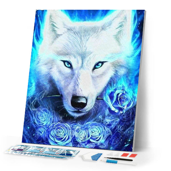 Diamond Painting | Diamond Painting - Wolf and Blue Roses | animals Diamond Painting Animals | FiguredArt