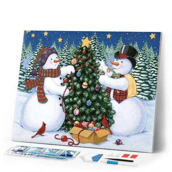 Diamond Painting | Diamond Painting - Snowmen and Christmas tree | animals christmas Diamond Painting Animals winter | FiguredArt