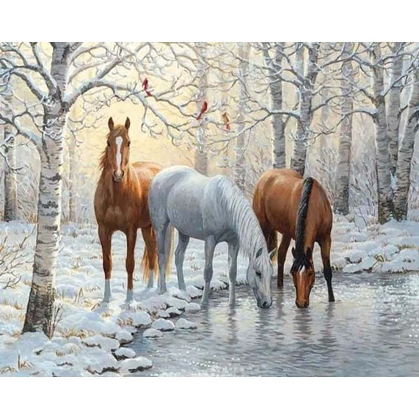 Diamond Painting - Three Horses in the Snowy Forest