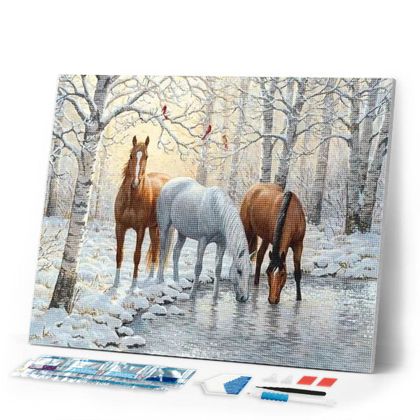 Diamond Painting | Diamond Painting - Three Horses in the Snowy Forest | animals Diamond Painting Animals horses | FiguredArt