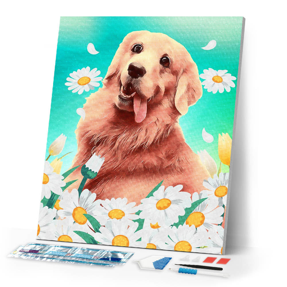 Diamond Painting - Golden retriever and daisies