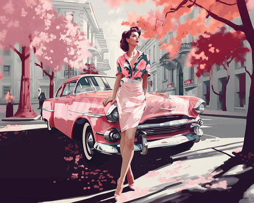 Diamond Painting - Lady and Pink Classic Car