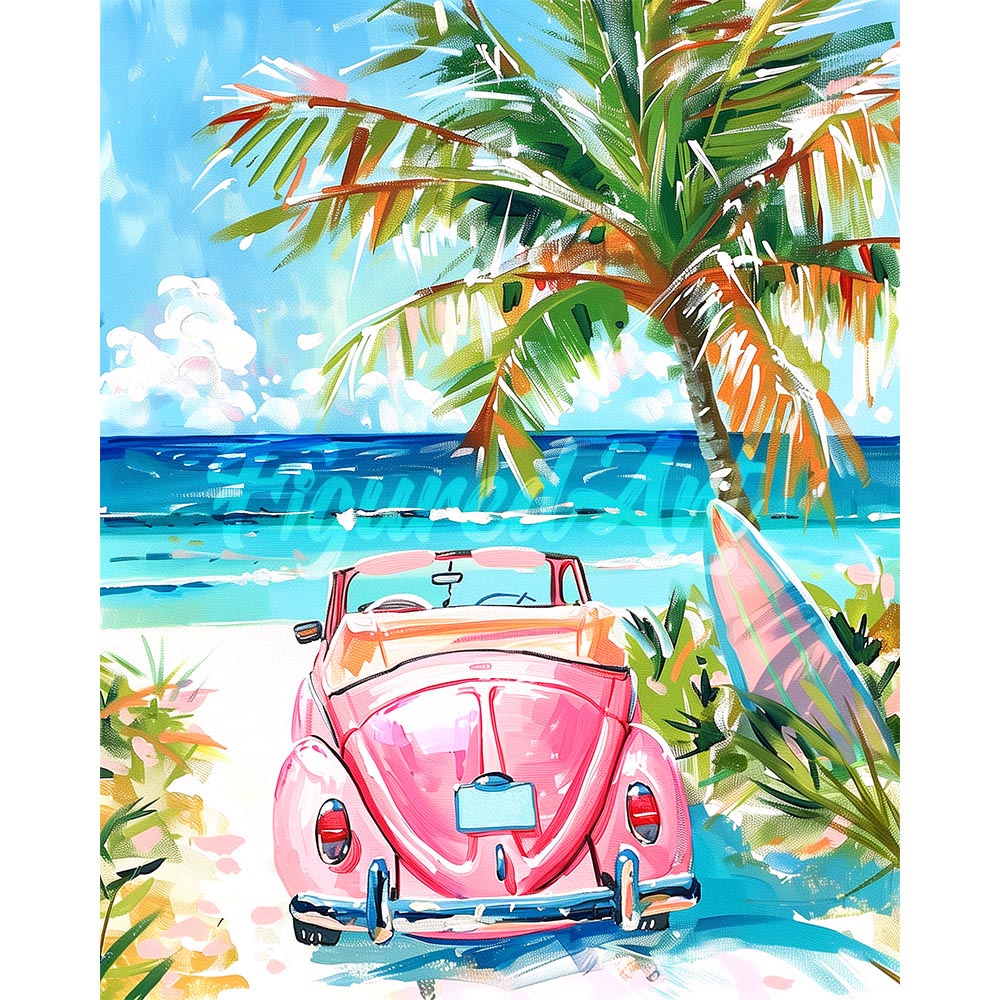 Diamond Painting - Pink Car by the Sea