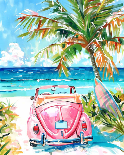 Diamond Painting - Pink Car by the Sea