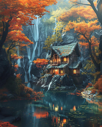 Diamond Painting - Fall Cabin by Waterfall