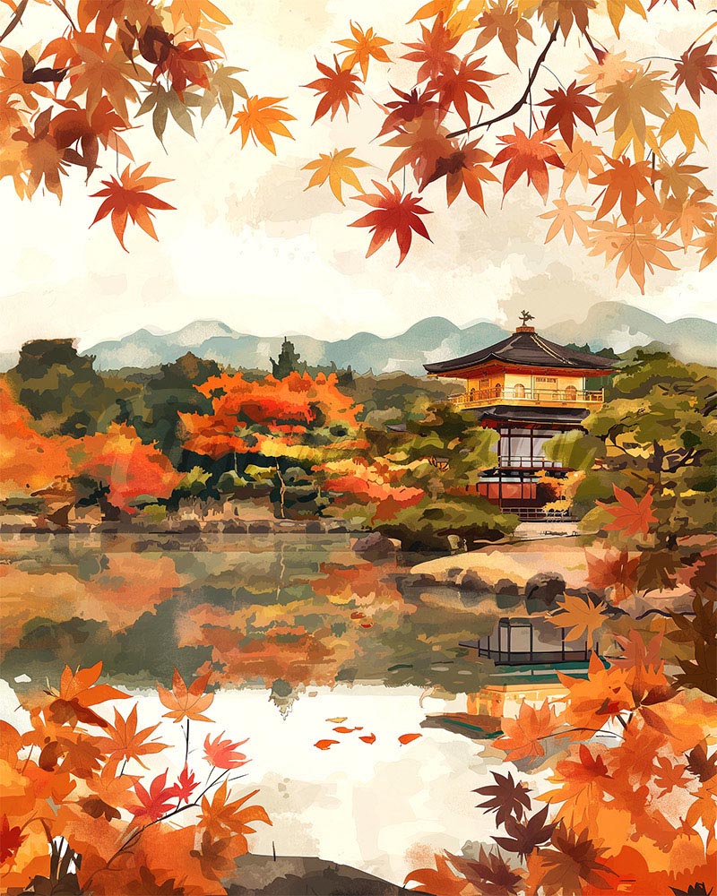 Diamond Painting - Japanese Temple by Fall Lake