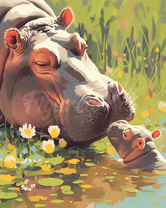 Diamond Painting - Baby Hippo Kissing Mom