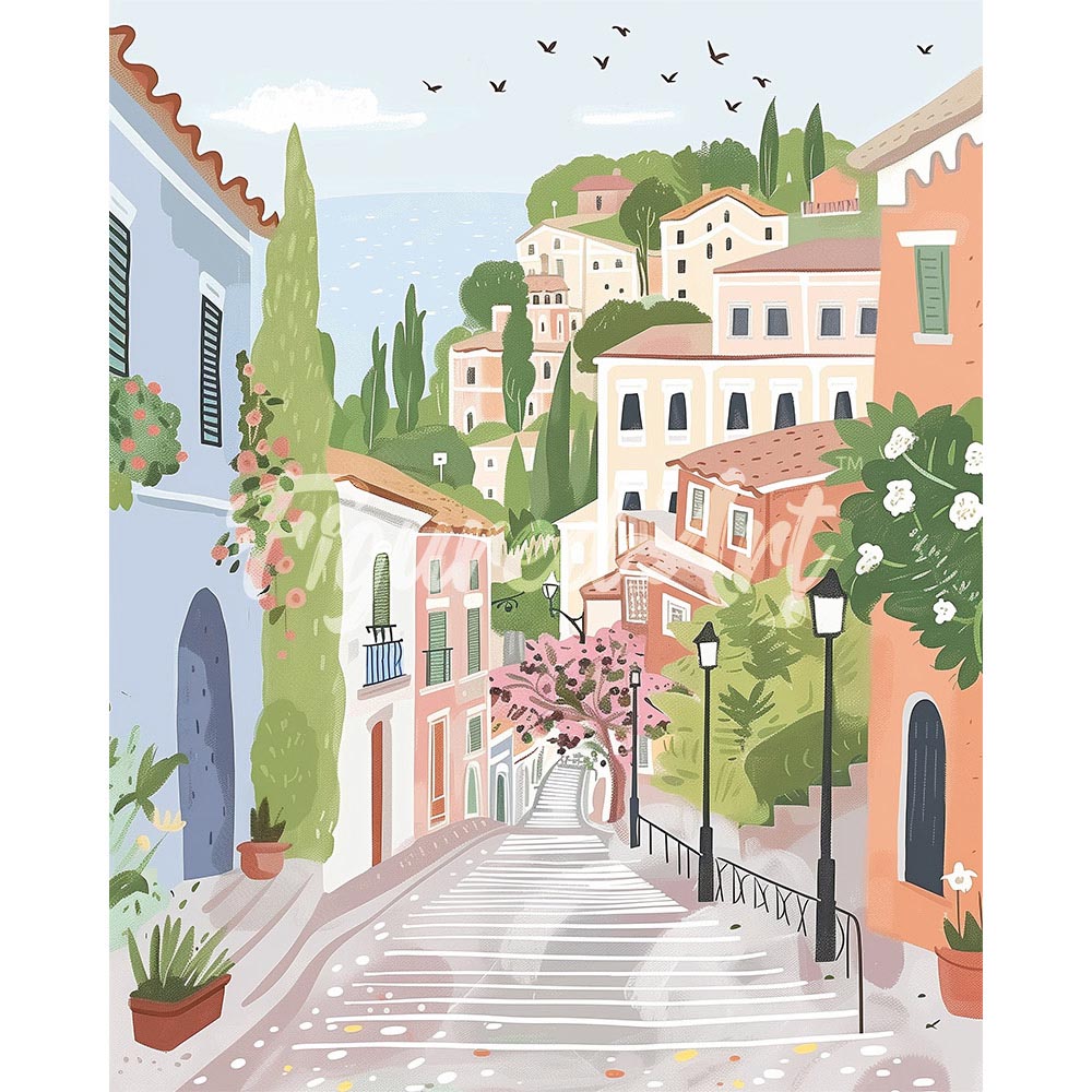 Diamond Painting - Pastel Hillside Town