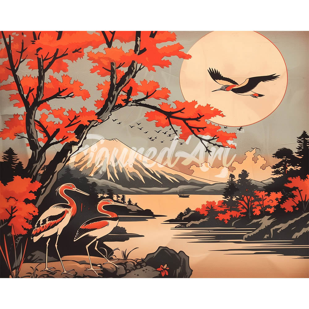 Diamond Painting - Cranes and Mount Fuji View