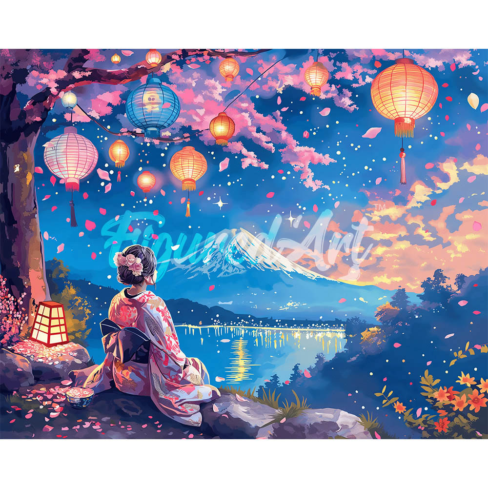 Diamond Painting - Girl, Lanterns and Mount Fuji